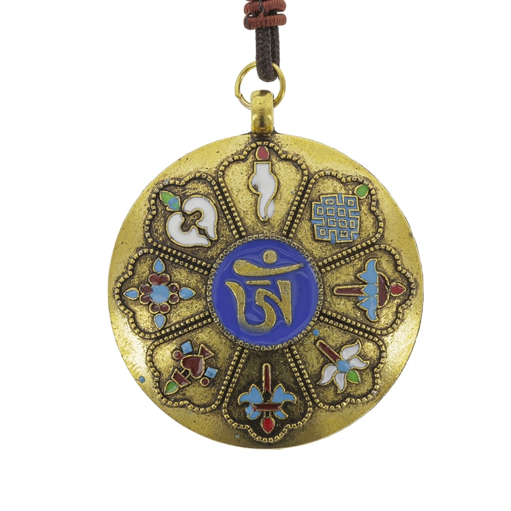 Amuleta aurie cu cele 8 simboluri tibetane, cu cele 12 zodii si silaba de protectie