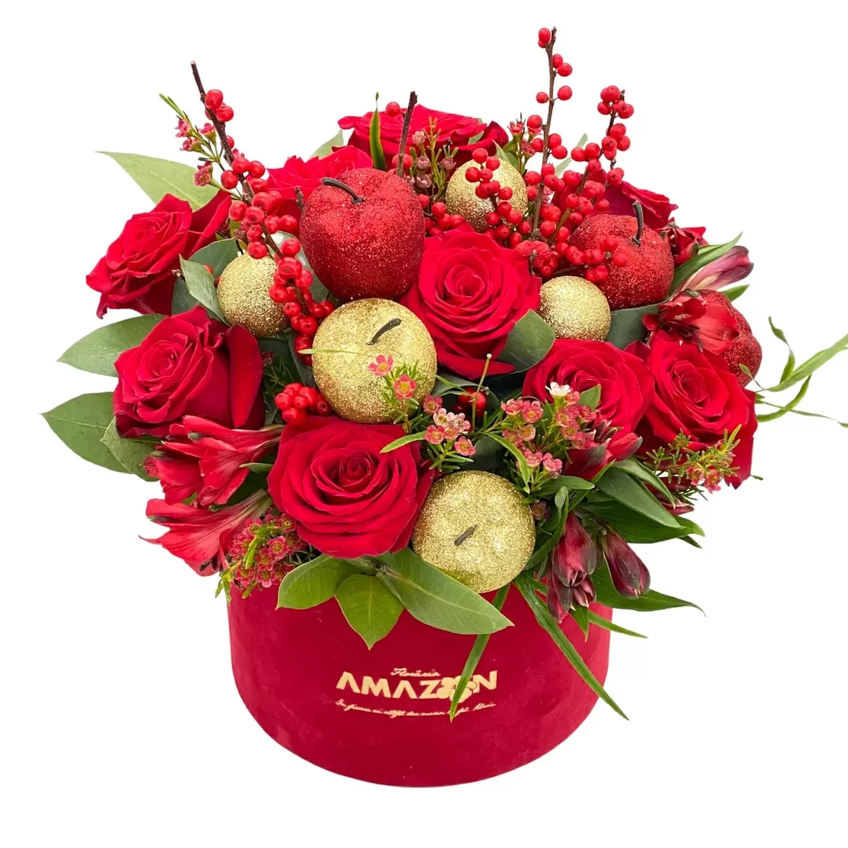 cutie-trandafiri-rosii-ilex-mere-globuri-iarna-sarbatori